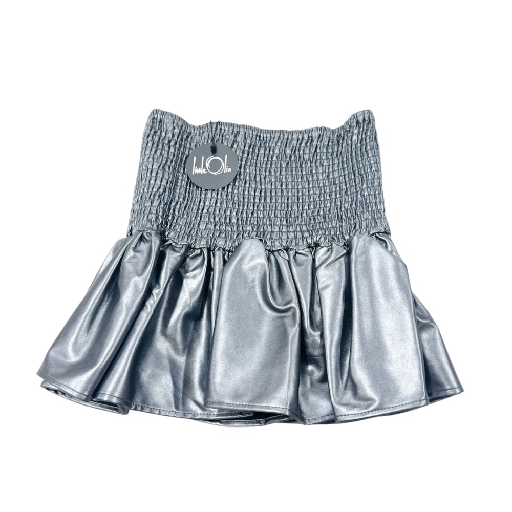 NWT Little Olin Silver Faux Leather Smocked Ruffle Mini Skirt
